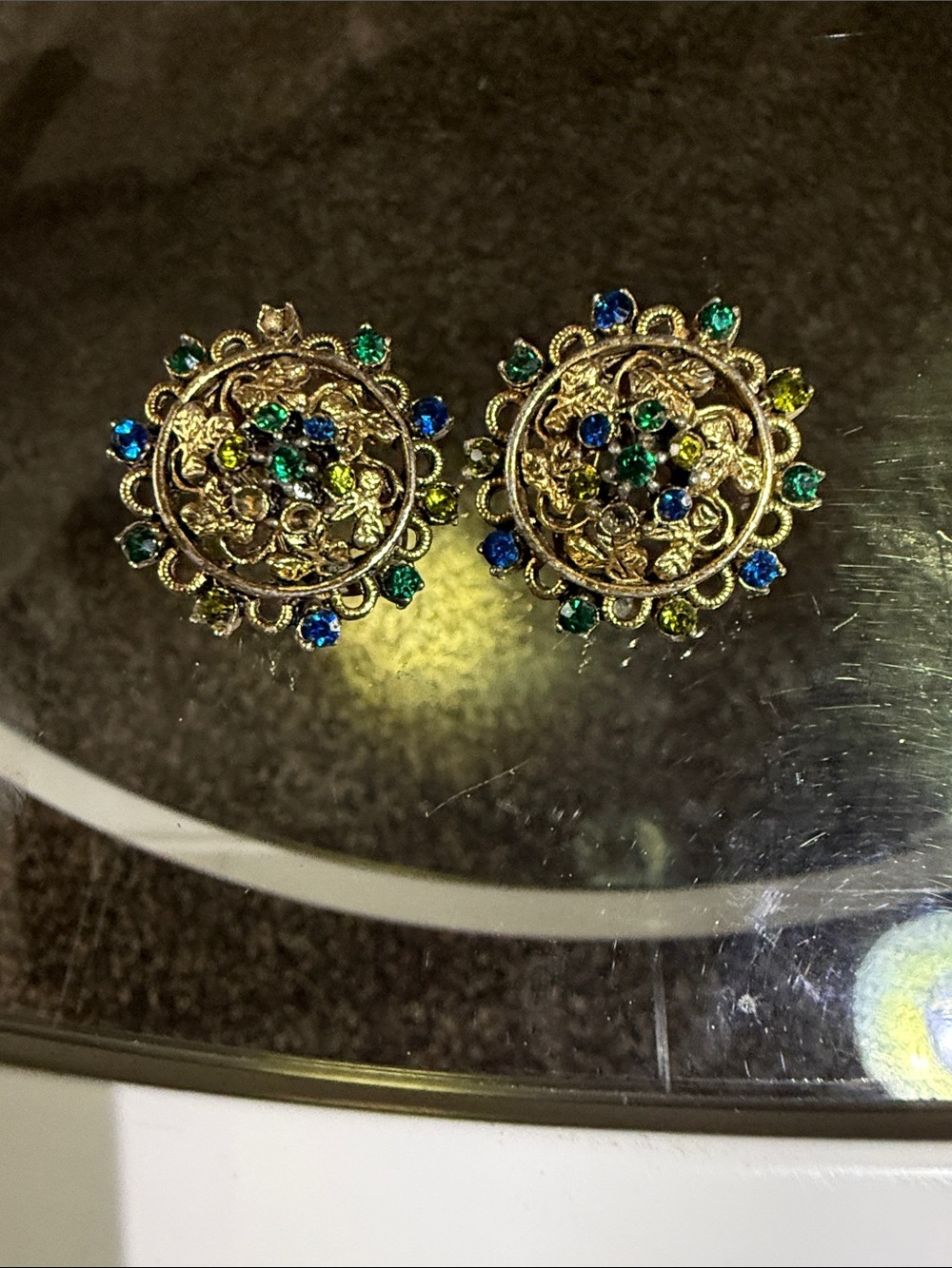 Vintage Gold-Tone Multi-Stone Floral Clip Earrings - Green & Blue